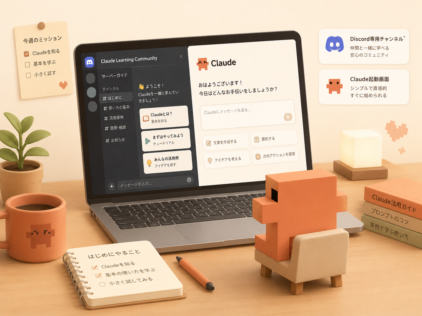Week 1: Claudeの起動画面とDiscord専用チャンネルのイメージ